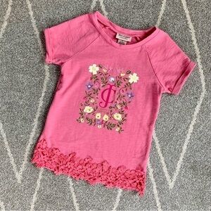 Juicy Couture Pink Tunic Length Short Sleeve Top w/ Lace Hem & Flora Graphic